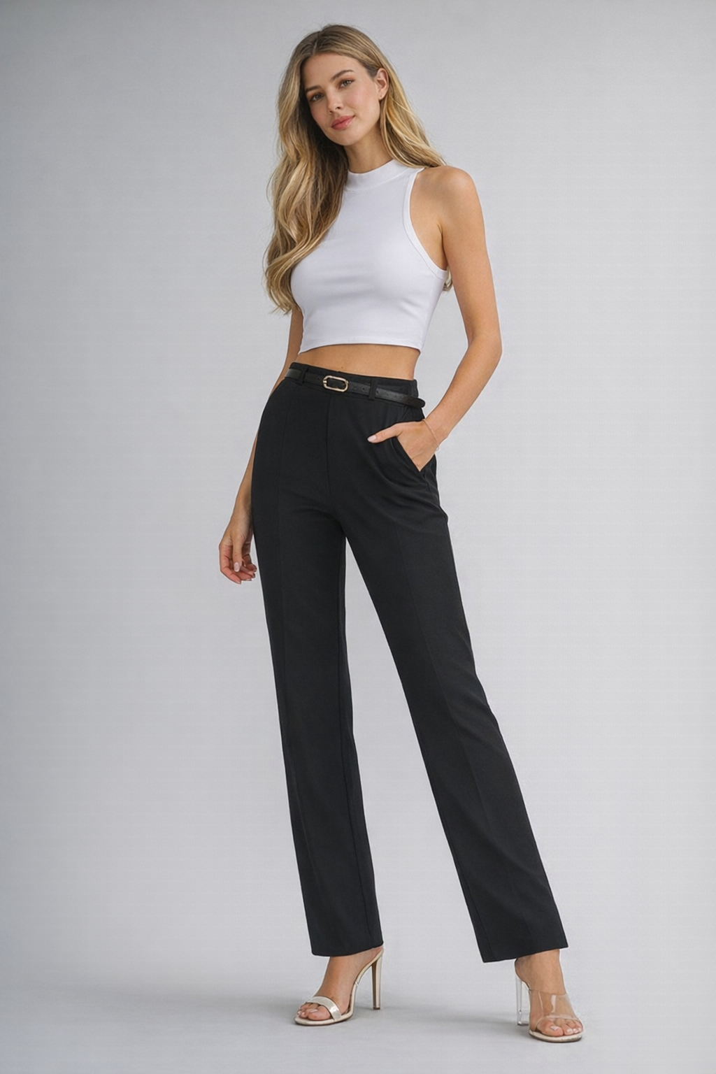 OFFICE STRETCHY BELTED SIDE POCKETS PANTS